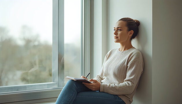 Woman sitting by window looking out thoughtfully holding notebook pen.