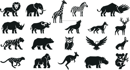 Obraz premium Wild animal silhouette collection featuring lion, elephant, giraffe, zebra, rhinoceros, buffalo, wolf, fox, deer, tiger, bear, owl, eagle and kangaroo clipart