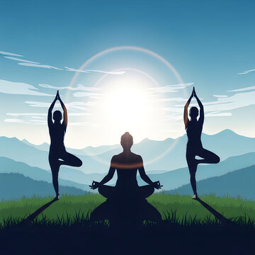 Yoga practitioners silhouetted on hill at sunrise with mountains background.