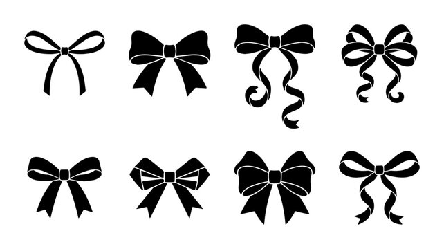 Black ribbon bow silhouettes, set of 8 decorative gift knots, elegant satin bow vector icons