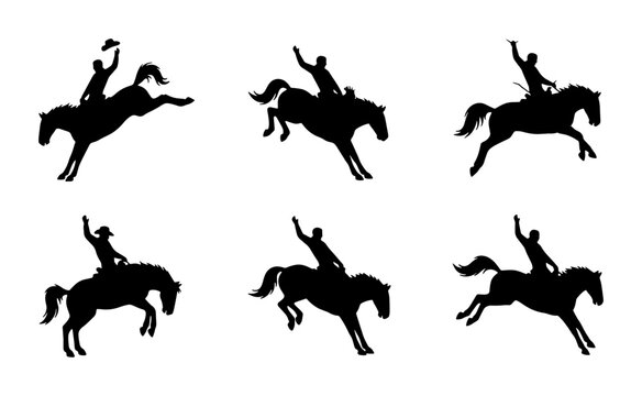 Rodeo cowboy silhouettes on bucking broncos, set of 6 wild west horse rider icons, western equestrian sports vector graphics
