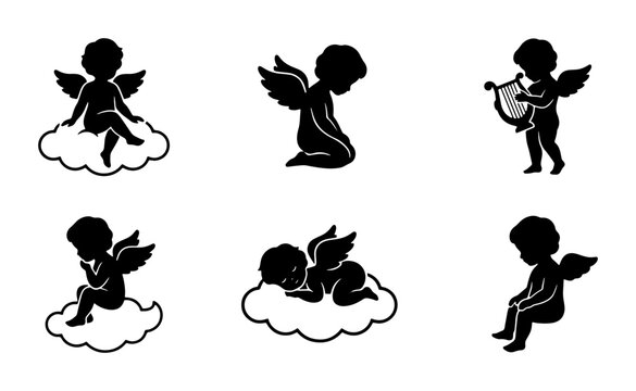 Vintage cherub silhouettes set, 6 black angel icons on clouds. Antique cupid vector collection for wedding and religious design.