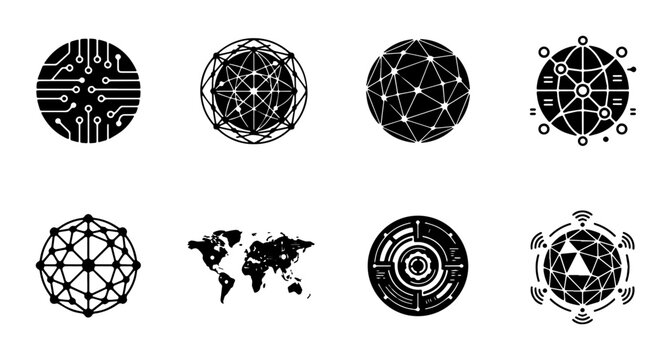 Futuristic technology icons set, digital global network symbols, 8 black vector circuit logos