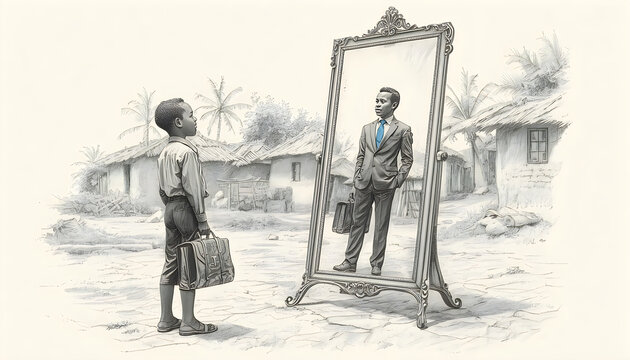 Young boy looking into mirror seeing future self as successful businessman image.