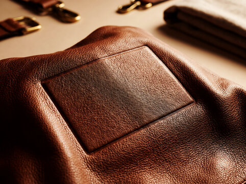 Close up shot of a luxurious brown leather bag surface with a blank rectangular label