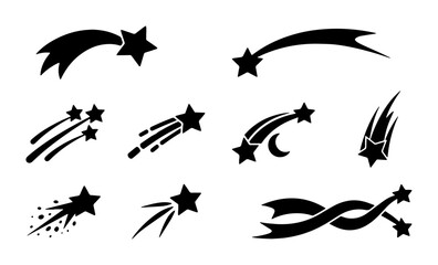 Shooting star icons set, black celestial falling star silhouettes, 9 vector comet and meteor trail graphics for logo design © Al