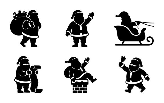 Santa Claus silhouette icons, set of 6 black Christmas character vectors. Father Christmas in sleigh and chimney, holiday festive graphics.