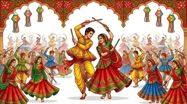 Dandiya raas dance celebration with traditional indian clothing