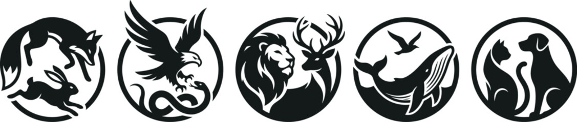 Obraz premium Wildlife Circular Silhouette Emblem Collection Featuring Fox and Rabbit, Eagle and Snake, Lion and Deer, Whale and Bird, Cat and Dog for Branding Design