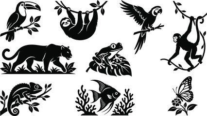Fototapeta premium Wildlife animal silhouette collection featuring toucan, sloth, parrot, monkey, frog, panther, chameleon, fish, butterfly and tropical forest creatures isolated on white background