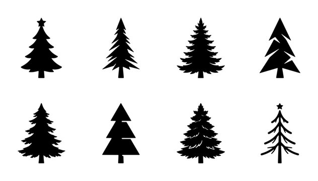 Minimalist Christmas tree icon set, black pine tree silhouettes, 8 evergreen fir vector elements for winter holiday design