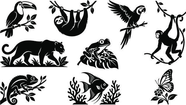 Wildlife animal silhouette collection featuring toucan, sloth, parrot, monkey, frog, panther, chameleon, fish, butterfly and tropical forest creatures isolated on white background