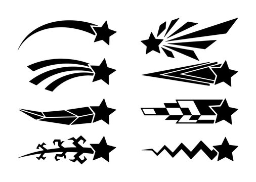 Shooting star vector icons set, black celestial comet silhouettes, 8 falling star graphic elements for logo design and astronomy decor