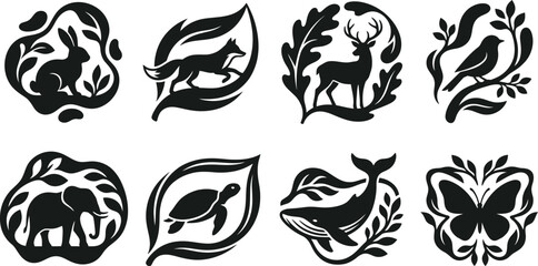 Obraz premium Wildlife Geometric Emblem Collection Featuring Wolf, Lion, Deer, Eagle, Fox, Horse, Bear and Bull Silhouettes Inside Hexagon, Shield, Circle and Square Frames