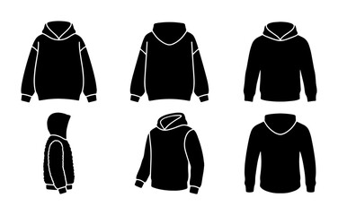Fototapeta premium Black hoodie mockup set, oversized sweatshirt vector templates, blank hooded apparel icons for clothing brand design