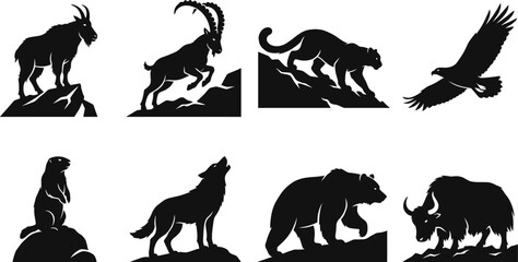Obraz premium Wildlife Silhouette Collection Featuring Mountain Goat, Wolf, Eagle, Bear, Panther, Otter and Musk Ox in Various Natural Poses on White Background