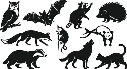 Fototapeta premium Wildlife Silhouette Collection Featuring Owl, Bat, Badger, Hedgehog, Fox, Raccoon, Wolf and Wild Animals in Various Natural Poses on White Background for Design Projects