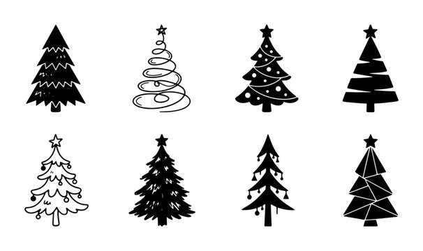 Minimalist Christmas tree icons, set of 8 black vector silhouettes. Hand drawn holiday pine tree sketches, festive winter fir tree collection.