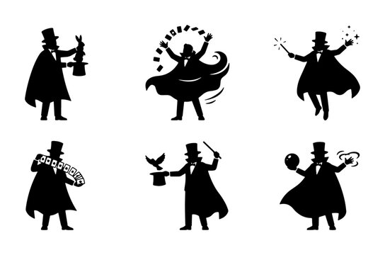 Magician silhouette vector set, 6 circus performer icons, illusionist with magic wand and top hat, stage show entertainment graphics