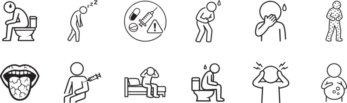 Side effects icon set showing nausea, dizziness, rash, drowsiness, pain, bloating, insomnia, and more.