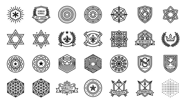 Set of intricate black geometric logo badges and circular emblems with geometric