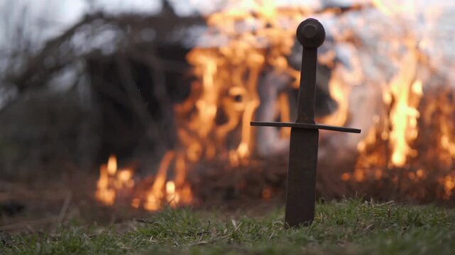 Rusty medieval sword hilt stuck in the ground with a blazing bonfire in the background outdoors at dusk.