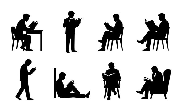 80 Diverse Male Silhouettes Reading Books, Sitting, Standing, Walking, Leaning: 8 Vector Icons for Education, Knowledge, and Leisure 100