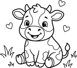 Fototapeta premium Cute cartoon cow with hearts and clover isolated on transparent background