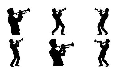 Silhouette Trumpet Player Icons, Jazz Musician Vector Set, Musical Performance Graphics, Black & White Brass Instrument Art © Farhana