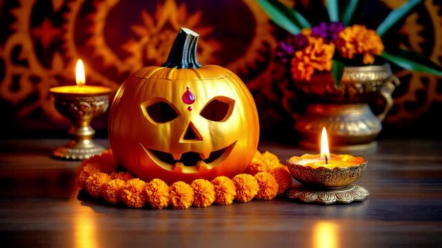 Golden jack o lantern with bindi and marigold garland surrounded by diya oil lamp. Fusion of Halloween and Diwali festival decoration concept with glowing light