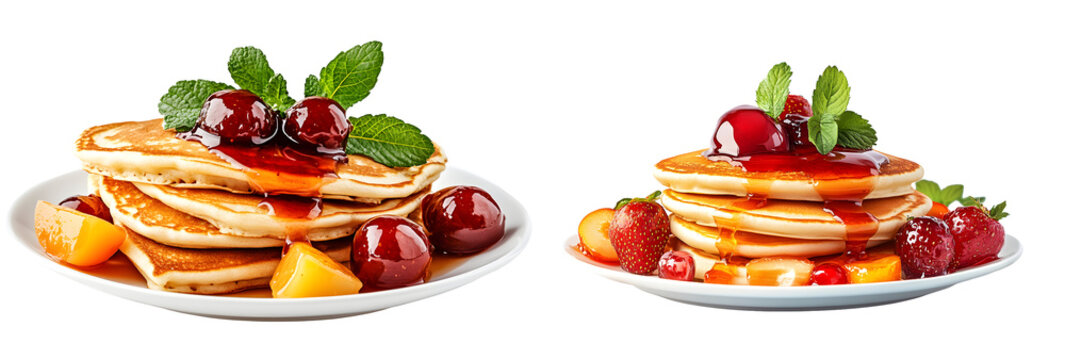 Pancake stacks with fresh berries and syrup on plates isolated on transparent background