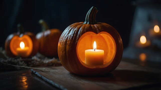 Orange pumpkin with a glowing candle inside for halloween celebration