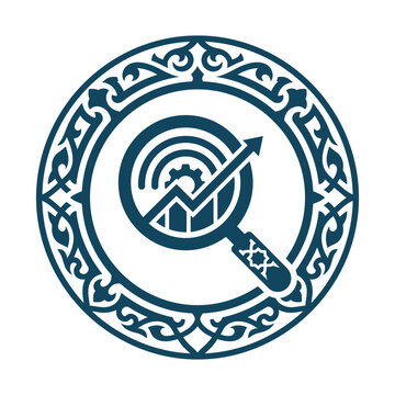 Vintage business analytics icon, ornate circular frame with magnifying glass and growth arrow, blue data vector logo