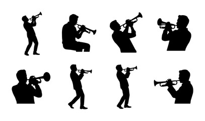 Trumpet Player Silhouettes, Jazz Musician Poses, Brass Instrument Performance Vector Set © Santo