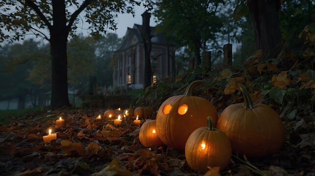 Glowing jack o lantern pumpkins sitting in a dark forest at night for halloween