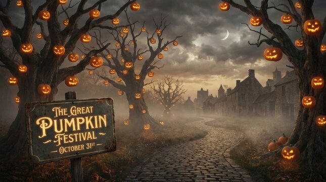 Eerie autumn pathway: Halloween celebration, luminous pumpkin, scary branch, foggy street, stone trail, dark settlement, crescent moon, rust signboard, October event.