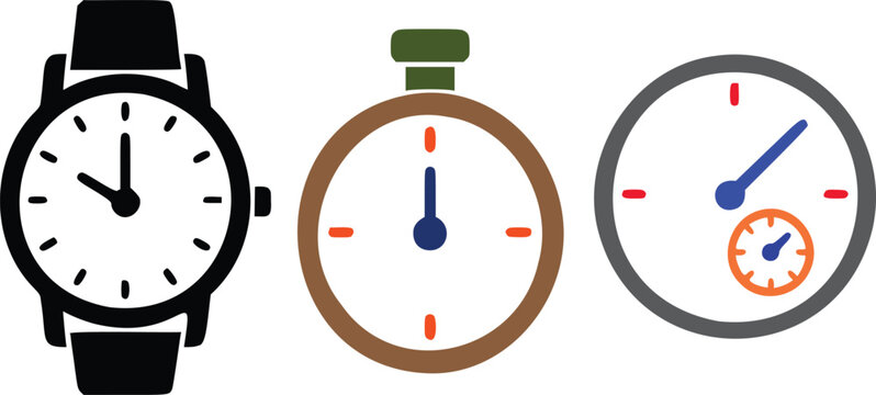 Set of three different wrist watches and timers isolated on a white background