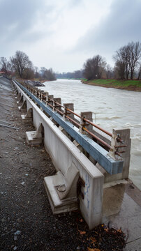 Flood control infrastructure along river channel for water management, climate adaptation and flood protection