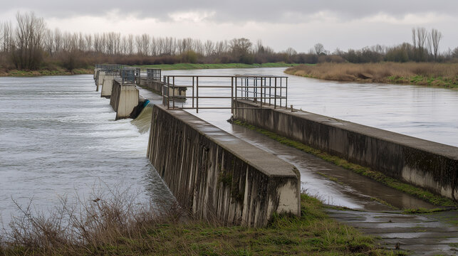Flood control infrastructure along river channel for water management, climate adaptation and flood protection