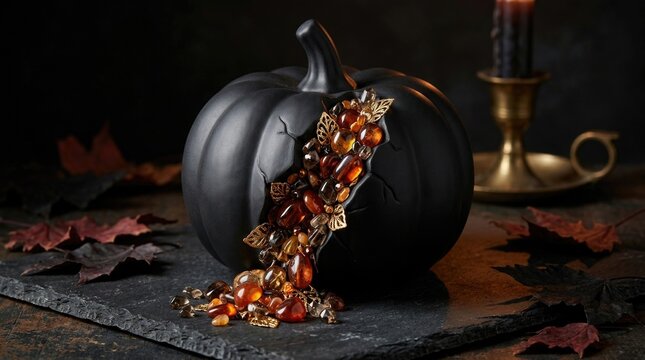 Gothic Halloween celebration: black pumpkin, amber gemstone, golden foliage, wax taper, slate plate, dark aesthetic, mystic treasure, autumnal decoration, spooky atmosphere.
