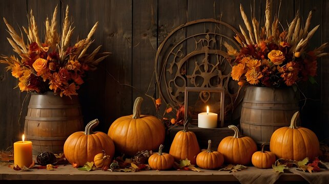 Autumn harvest display with pumpkins and candles on a rustic wooden table