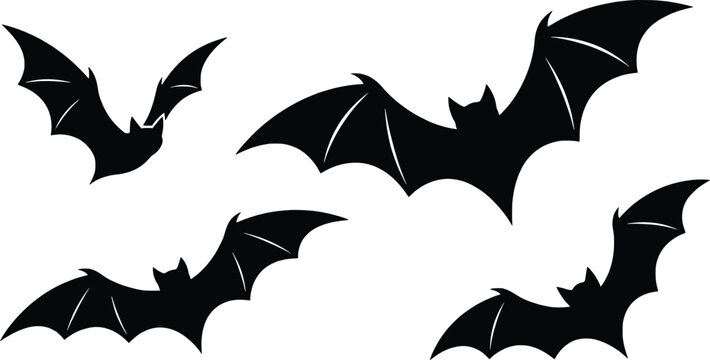 Halloween bat silhouettes set, black flying bats vector icons, spooky nocturnal animal shapes for holiday decor and graphic design
