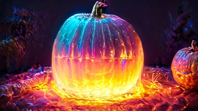 Neon glowing pumpkin with vibrant colorful light effects in a dark mysterious setting