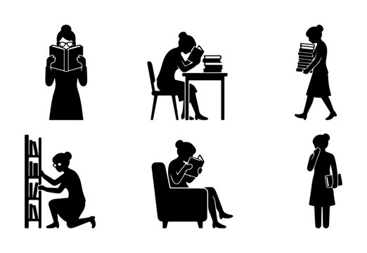 Woman Reading Icons, Book Lover Silhouette Collection, Library Study Figures, Knowledge Pursuit Vector Set