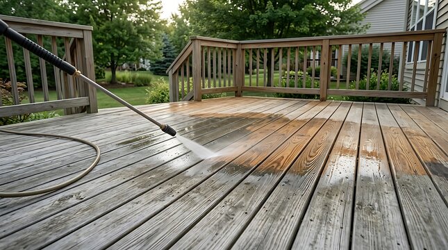 Wooden deck cleaning with high-pressure water spray during golden hour sunlight