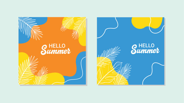 Tropical Summer Square Template Set with Line Art Monstera Palm Leaves and Abstract Organic Shapes for Social Media Marketing and Web Banner Template, Vector Illustration.