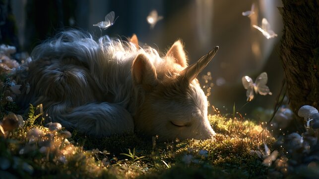 Forest glade where baby unicorn dozes on luminous moss, bright sunbeams and butterflies with translucent wings surrounding soft romantic scene