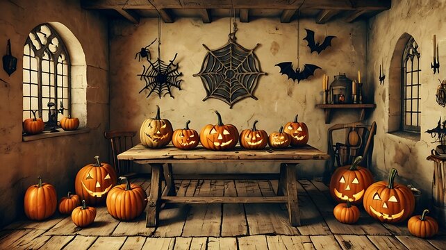 Carved pumpkins with glowing faces on a wooden table in a spooky dark room with bats and cobwebs for halloween celebration