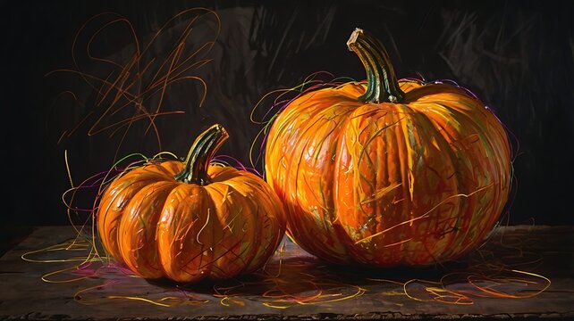 Two ripe orange pumpkins sitting together on a dark background for autumn and thanksgiving harvest celebration