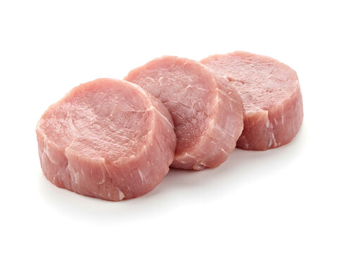 Drei rohe Schweinefilet-Medaillons isoliert auf Wei&szlig;